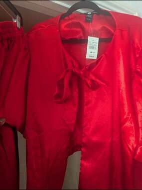 2 PC Red Satin Tie-Front Jacket and Long Skirt